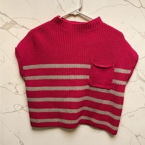 Zenana Size Small Pink and Cream Striped Knit Short Sleeve Crop Sweater